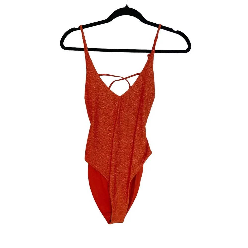 L Space Ribbed One Piece Gianna Classic Swimsuit V Neck Red Women's Size 6 NWT